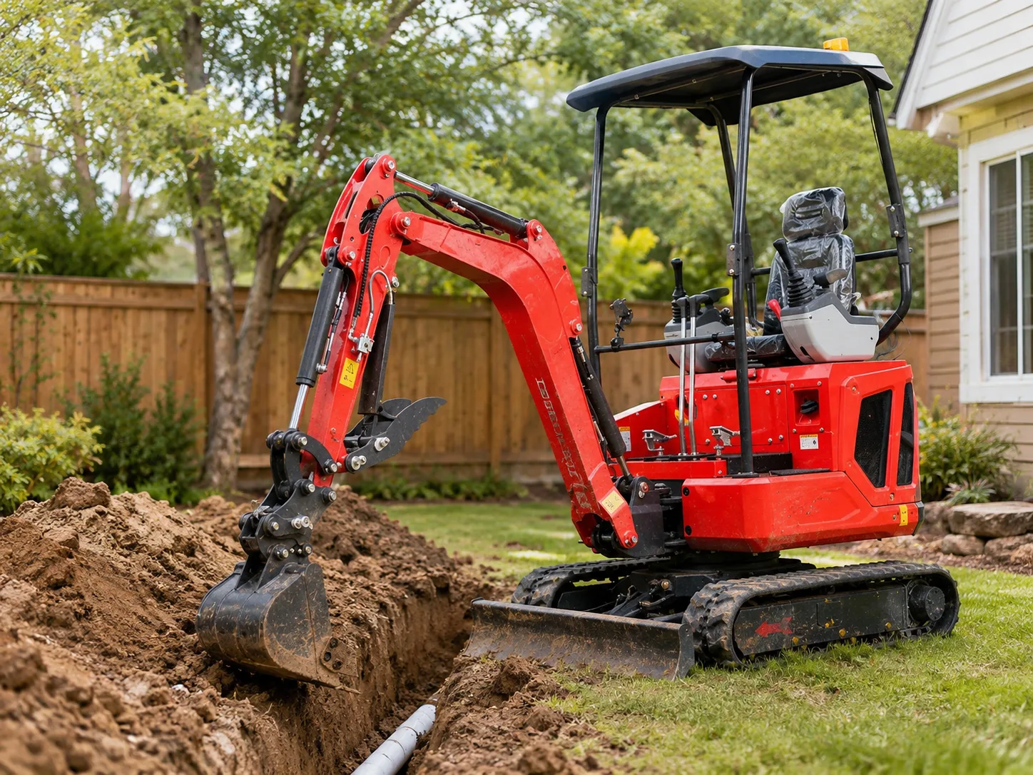 Huayee HY16C mini excavator digging in a residential backyard with fence visible