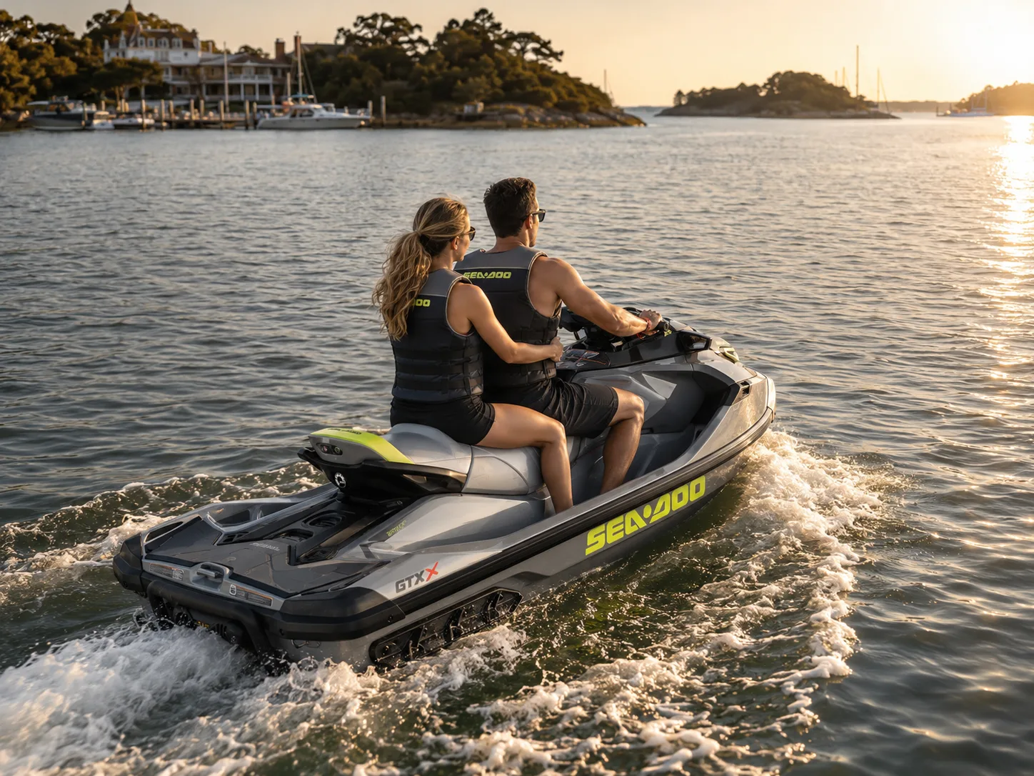 Two riders on a Sea-Doo RXT-X 325 at sunset on the water