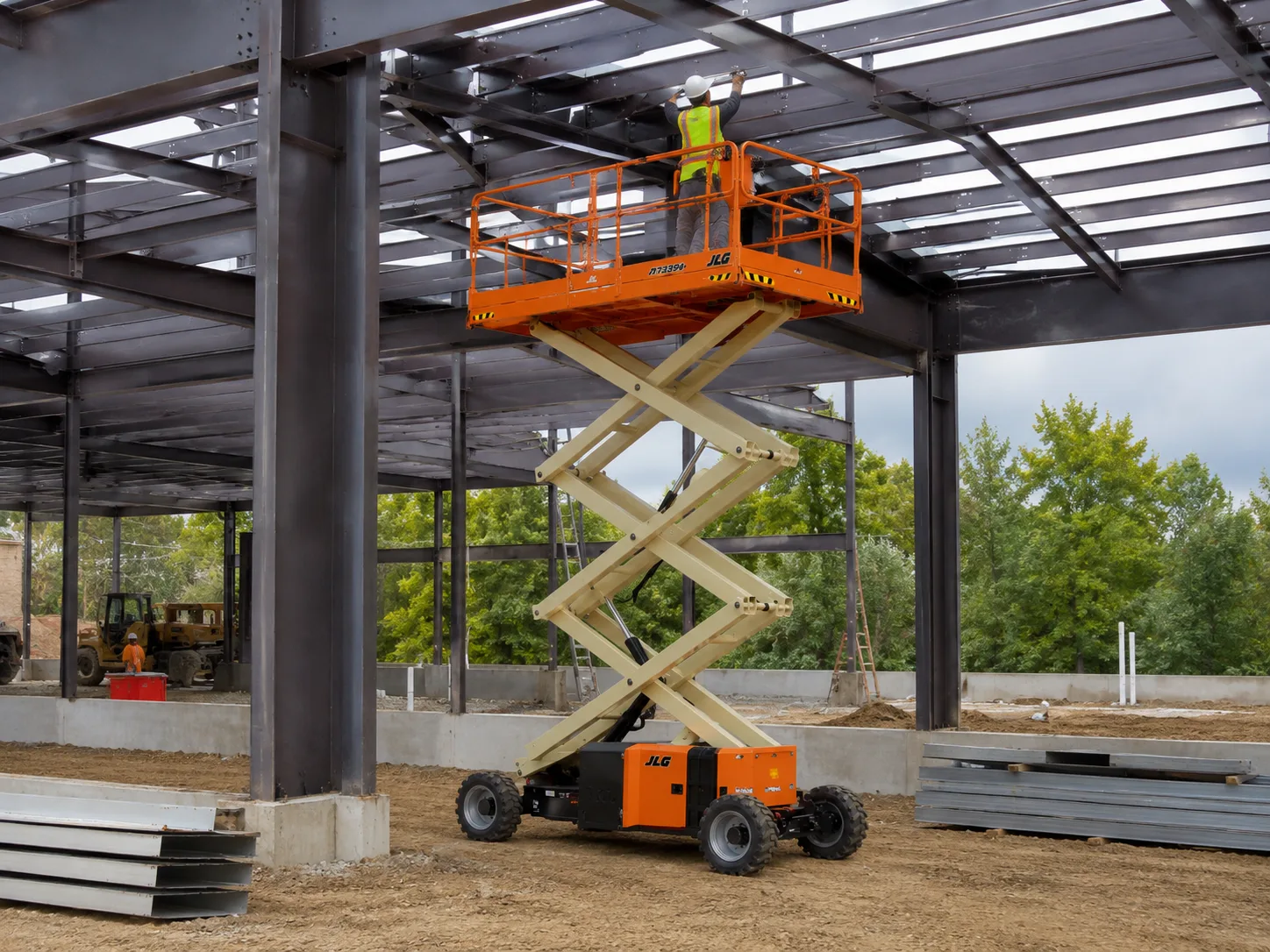 JLG scissor lift at a steel construction site
