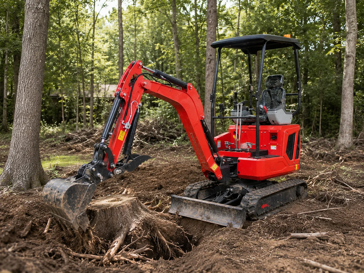 Mini excavator clearing stumps in wooded area