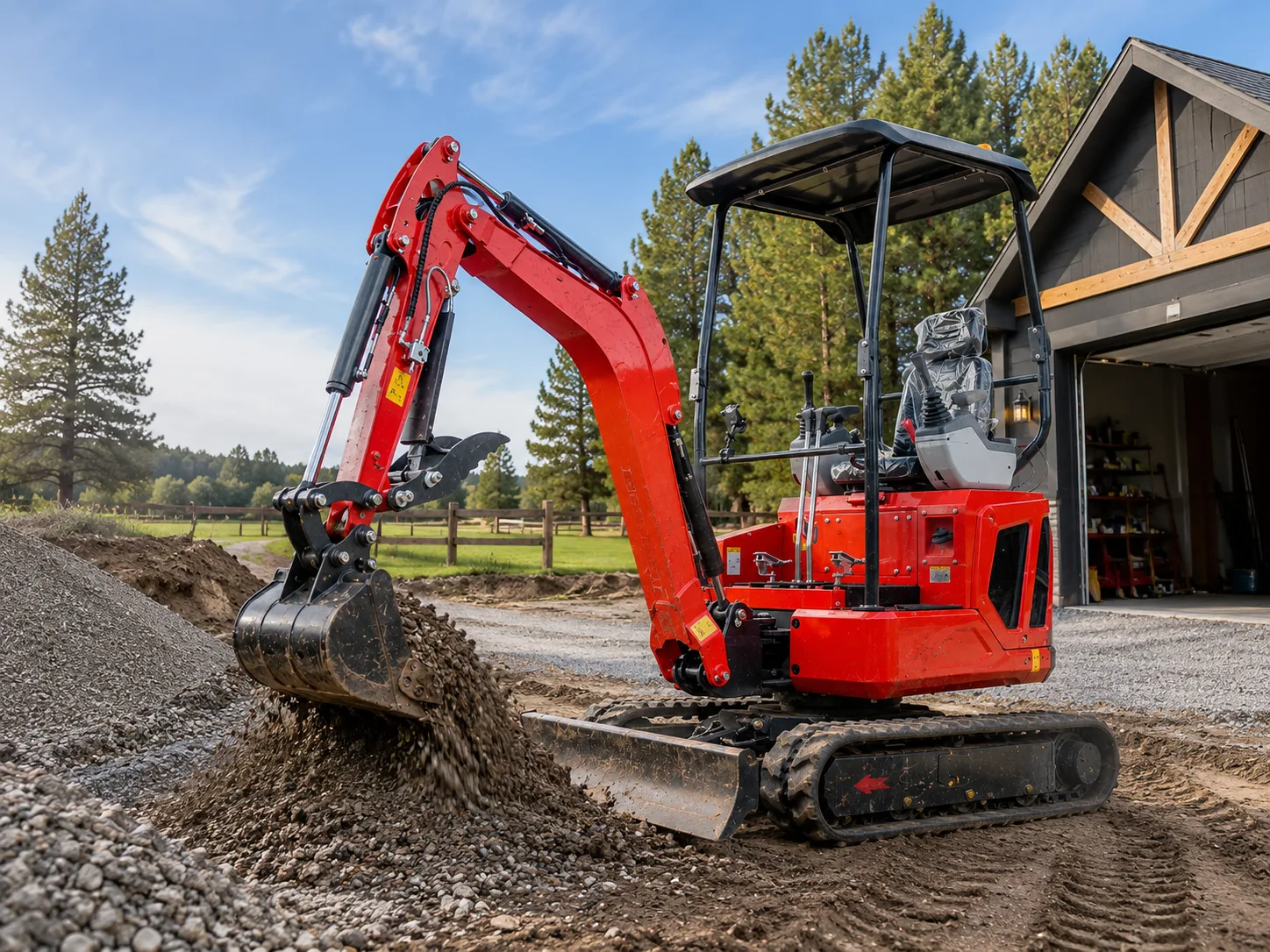 Mini excavator working on driveway gravel
