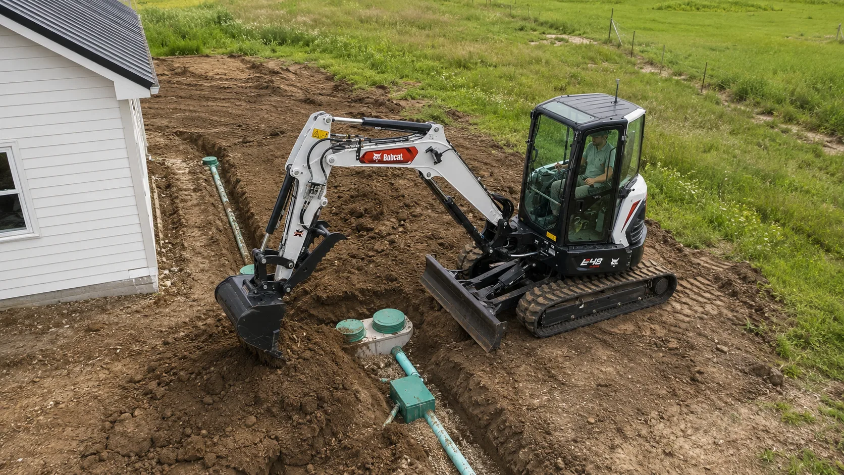 Bobcat E48 digging around septic pipes