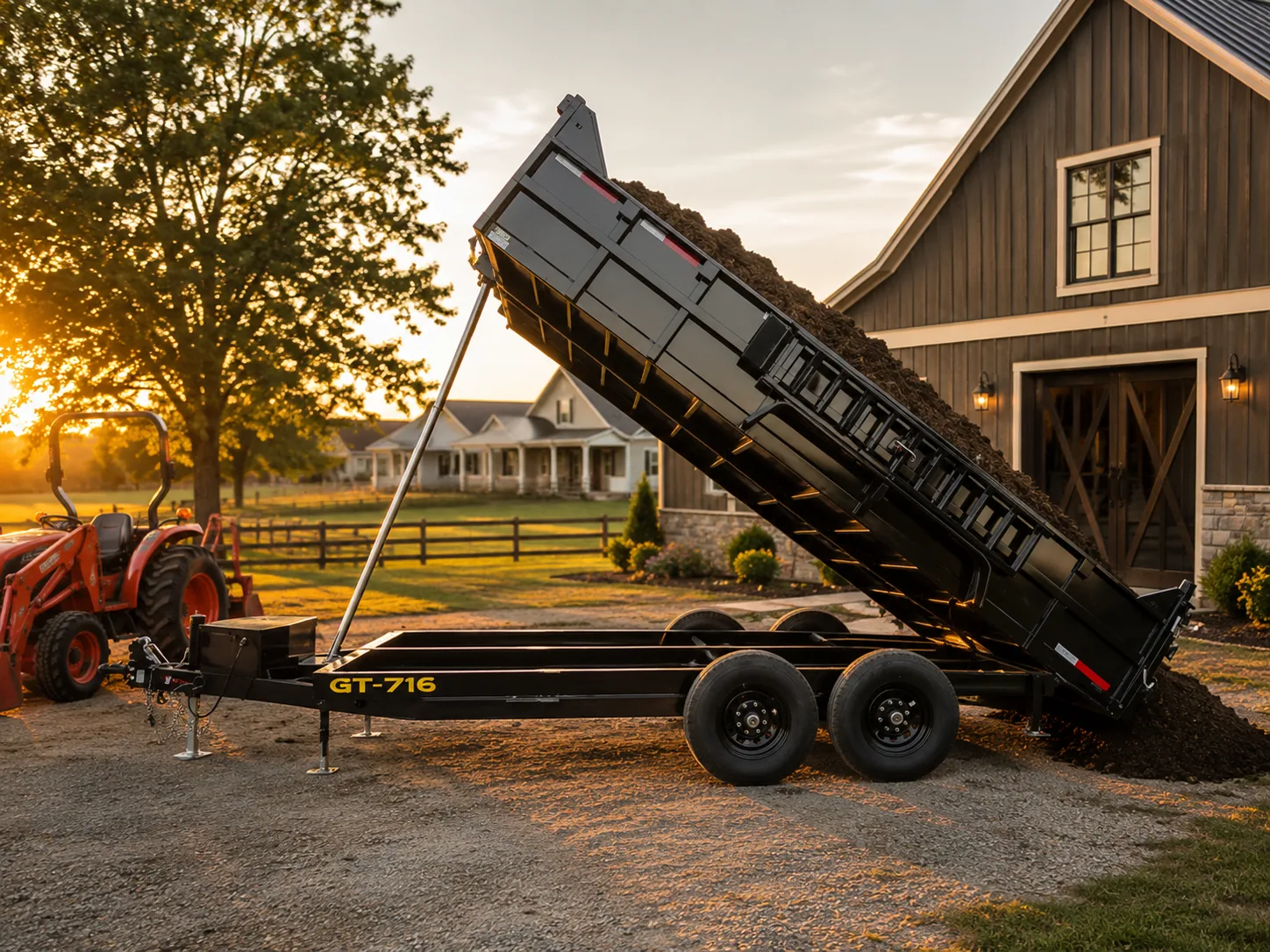 Dump trailer unloading soil at sunset near a barn