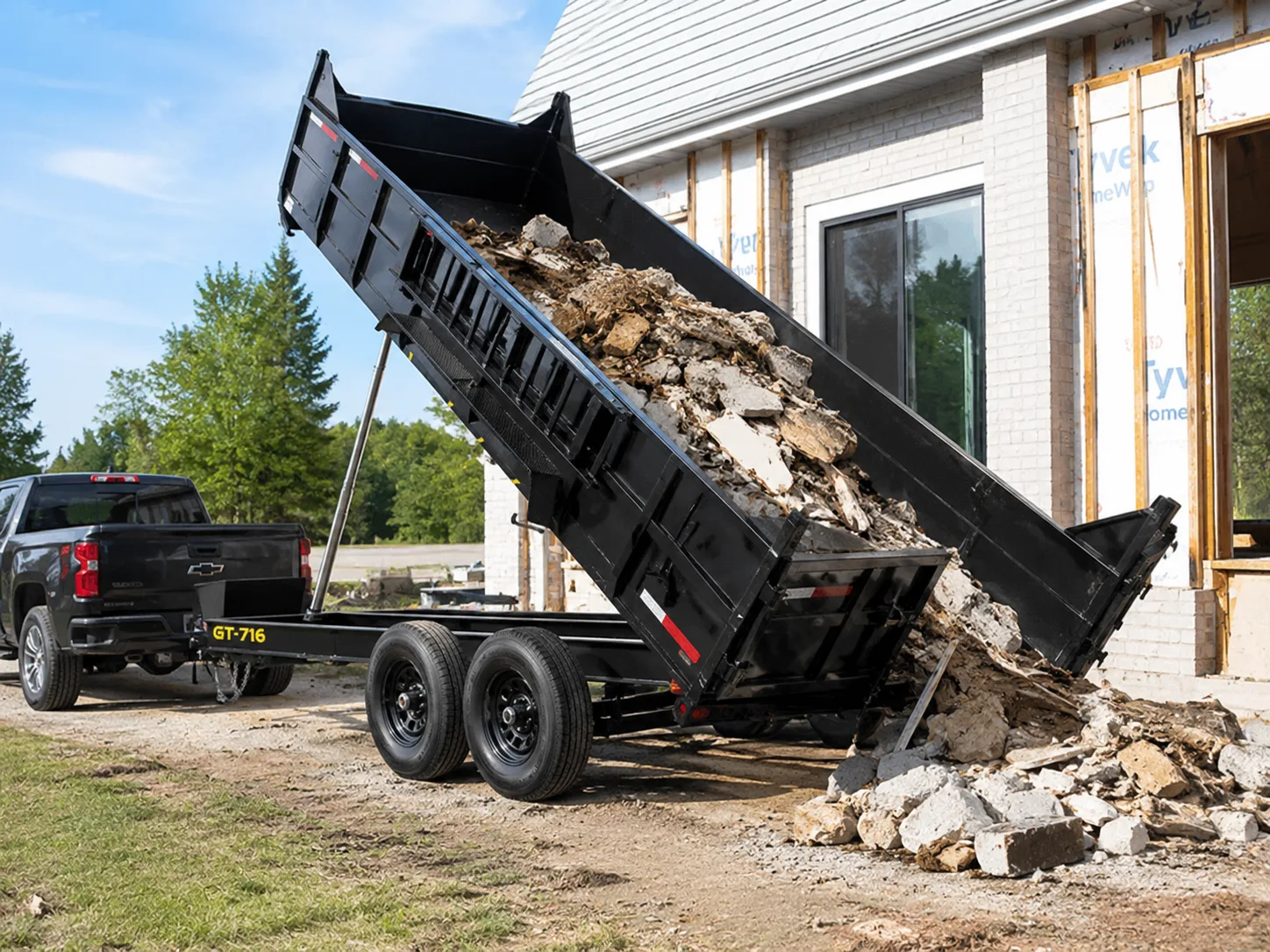 Dump trailer dumping concrete debris at a construction site